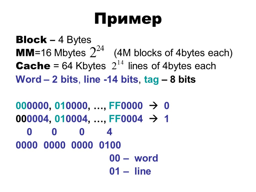 Пример Block – 4 Bytes MM=16 Mbytes (4M blocks of 4bytes each) Cache =